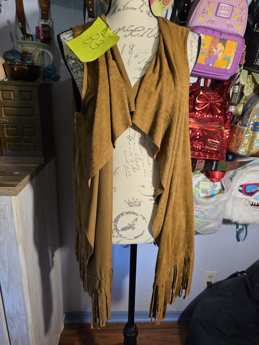 Suede-Feel Fringe Open-Front Vest - Brown